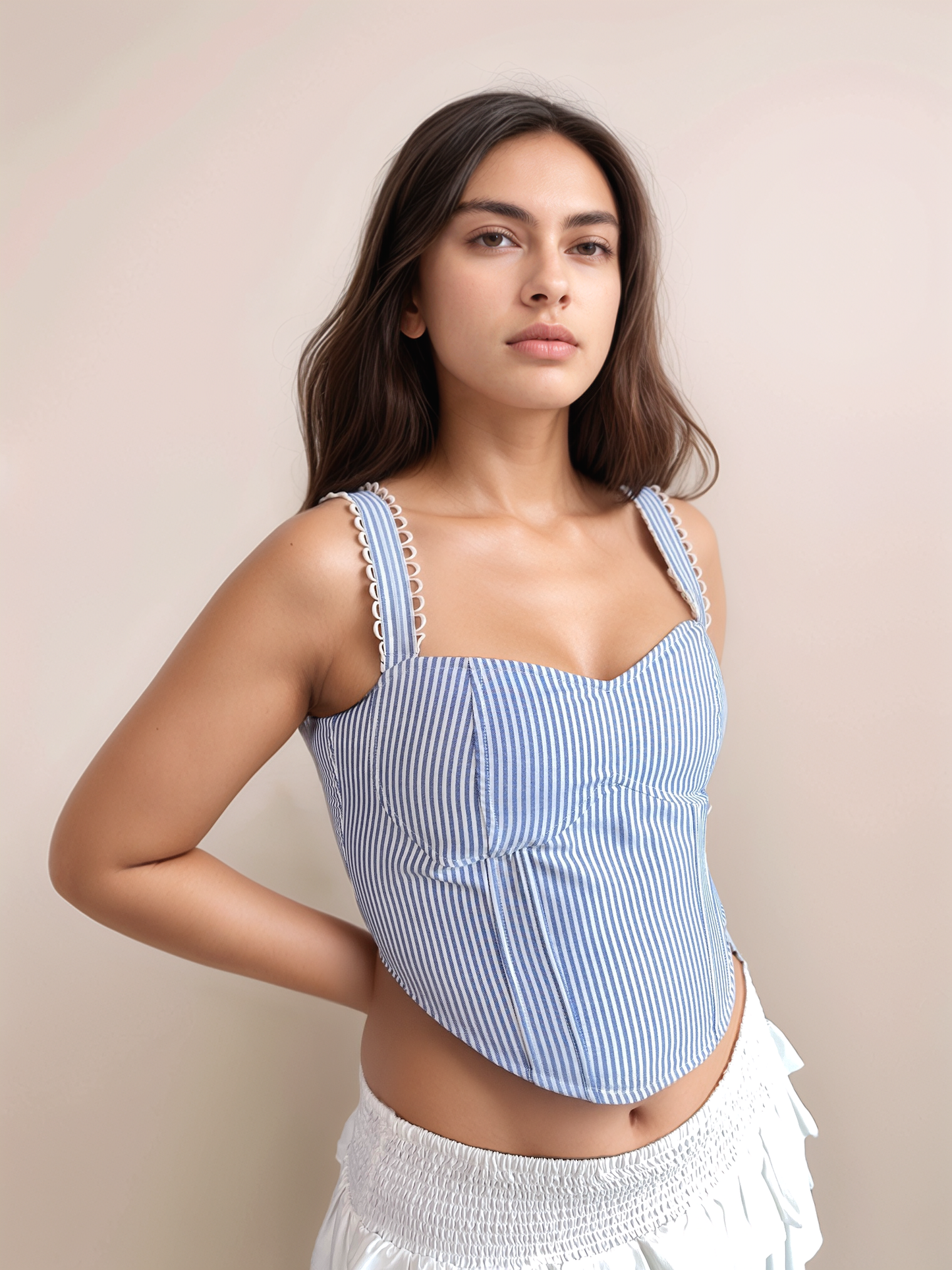 Marin Striped Corset Top With Boning In Oxford Blue