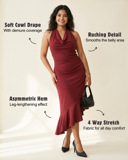 Mona Plunge Cowl Midi Dress In Deep Red