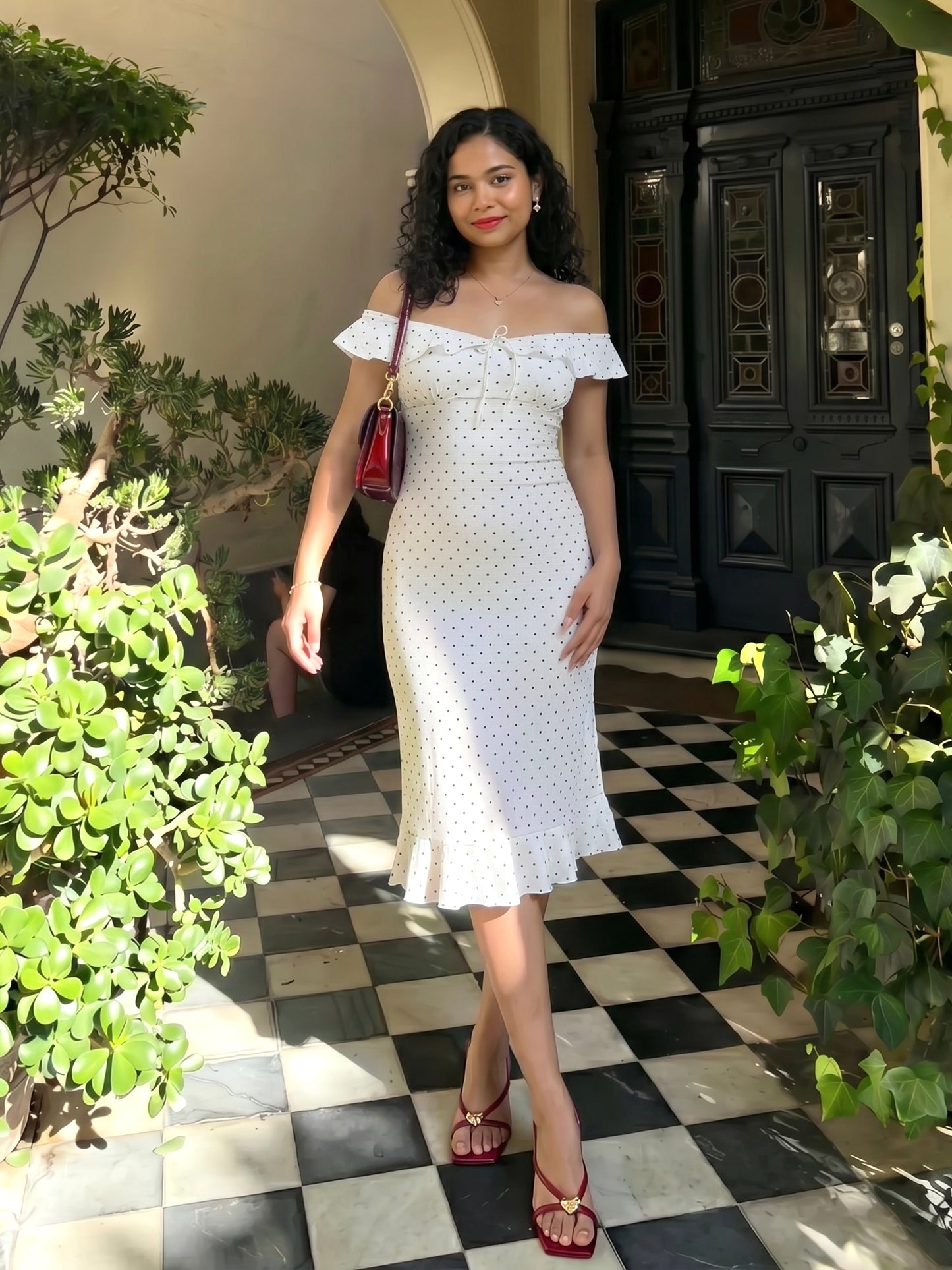 Tara Flounce Midi Dress In White Polka Dots