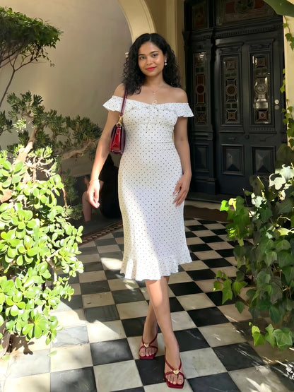 Tara Flounce Midi Dress In White Polka Dots