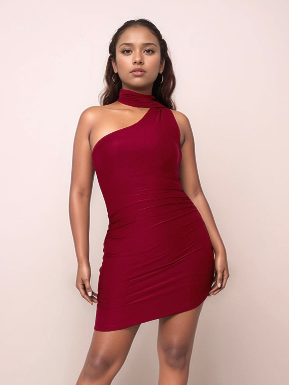 strapless open back dress Polly Mini Dress With Attached Scarf In Cherry Red – Brune