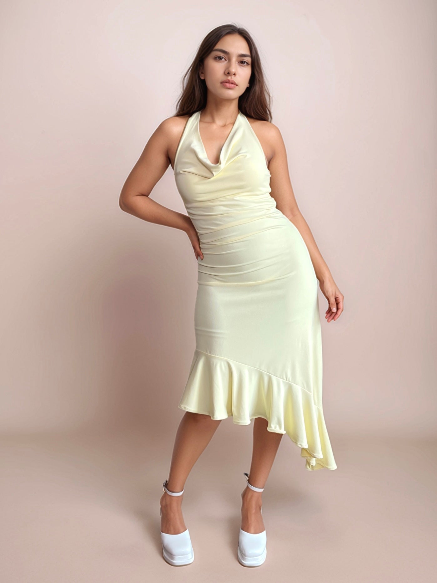 Mona Plunge Cowl Midi Dress In Butter Yellow