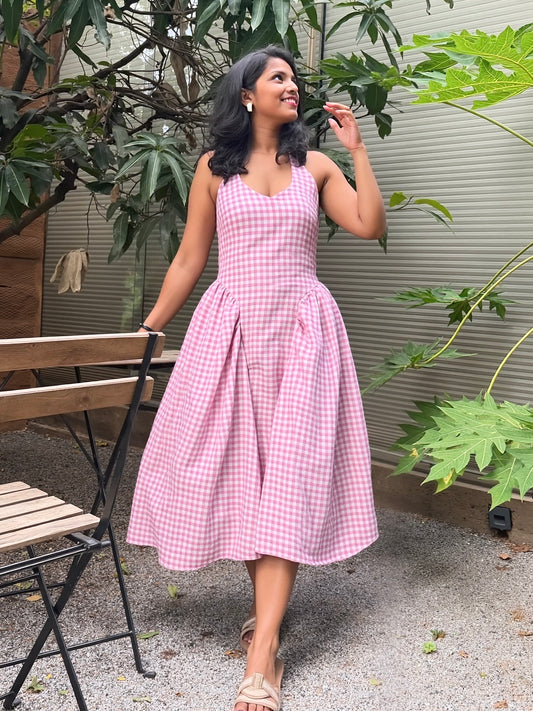 Valentina Halter Midi Dress In Pink Gingham