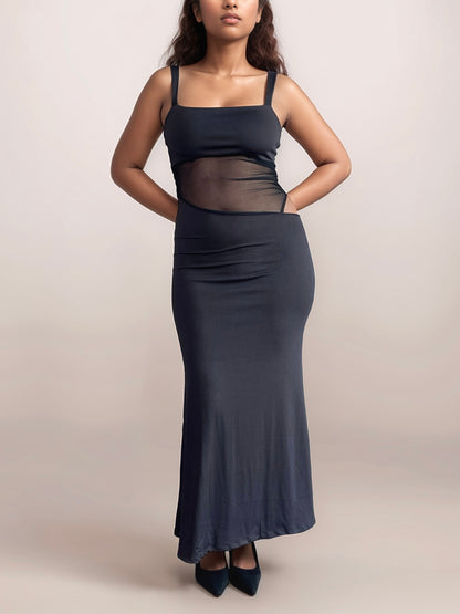 Selene Maxi Dress With Mesh Cutout In Black
