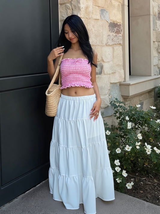 Alina Boho Tiered Maxi Skirt In White