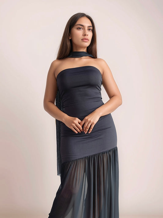 Sasha Bandeau Maxi Dress With Scarf In Black