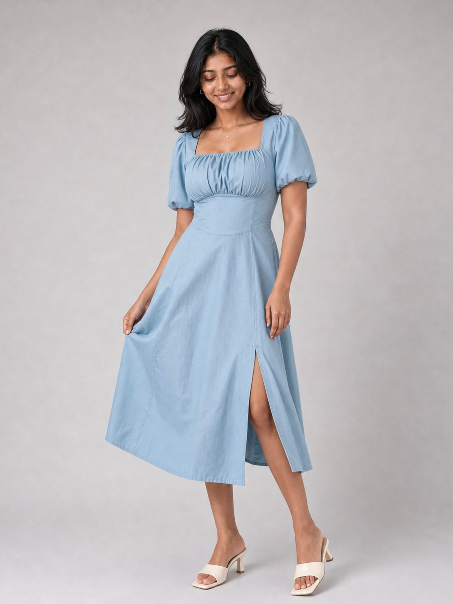 Tula Midi Dress With Basque Waist In Soft Blue