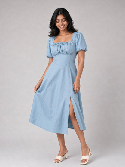 Tula Midi Dress With Basque Waist In Soft Blue