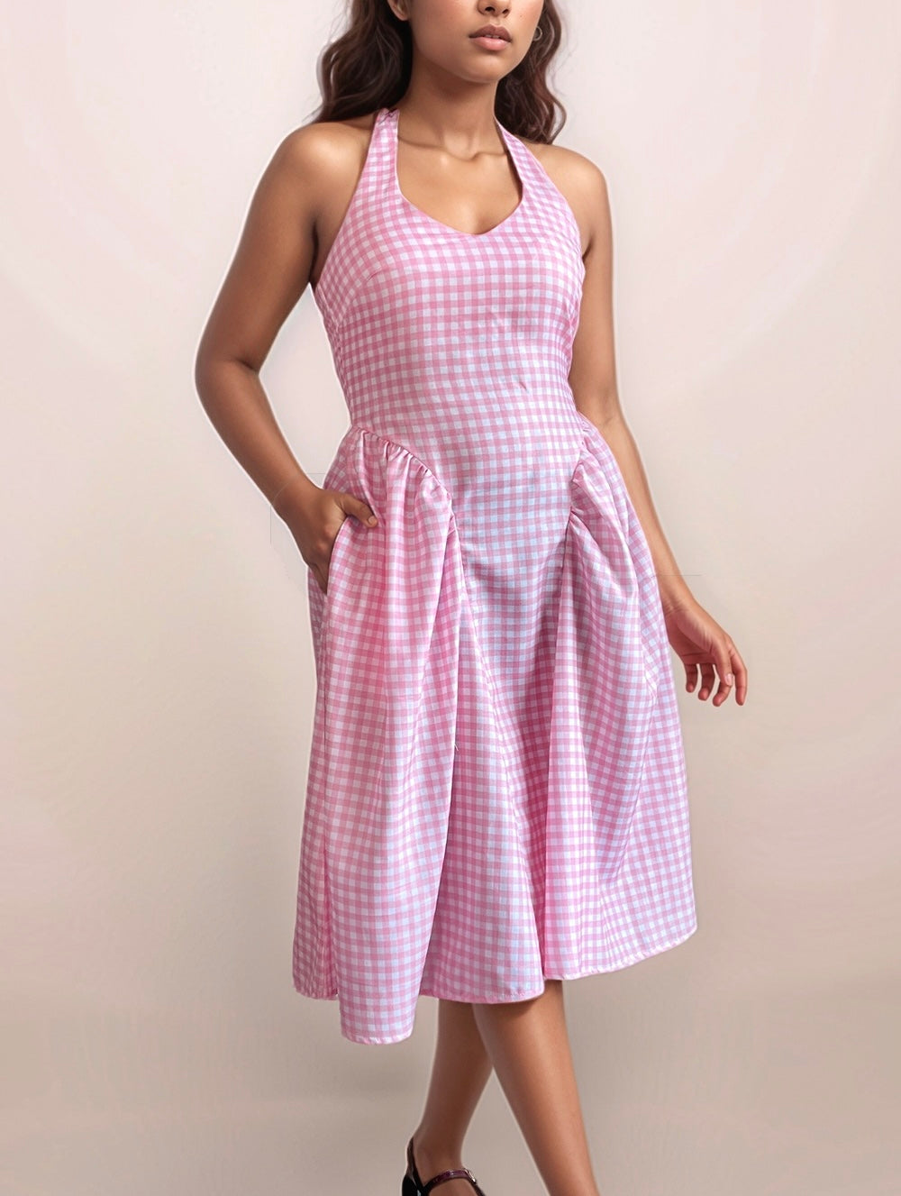 Valentina Halter Midi Dress In Pink Gingham