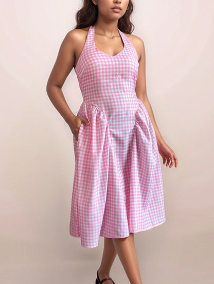 Valentina Halter Midi Dress In Pink Gingham