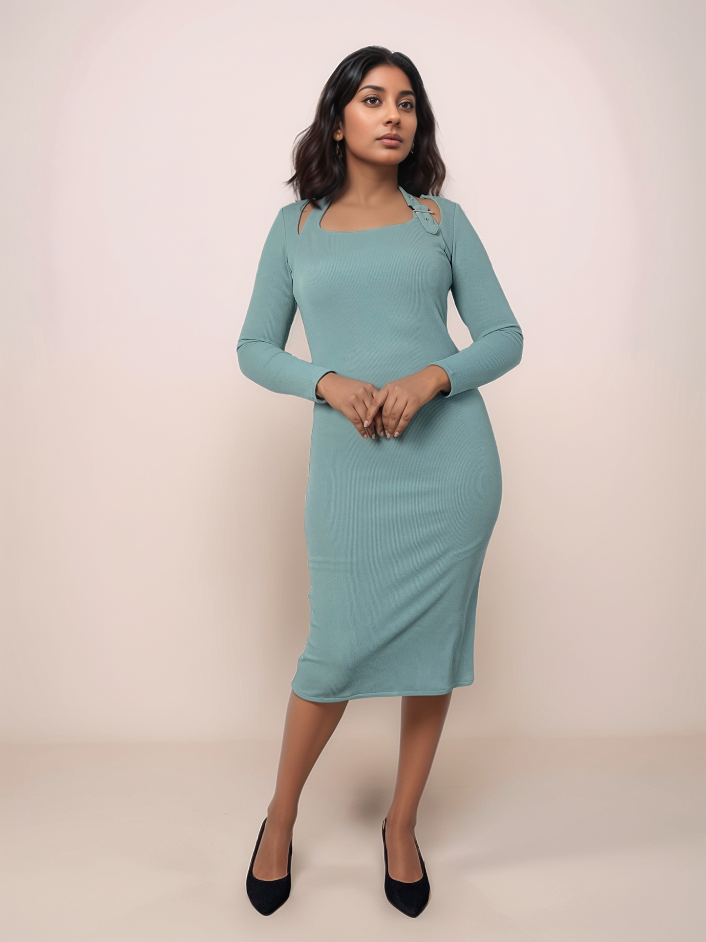 Verona Midi Rib Dress With Buckle Detail In Dusty Teal