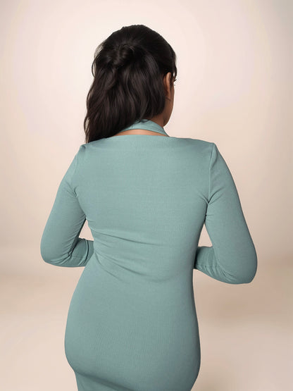 Verona Midi Rib Dress With Buckle Detail In Dusty Teal