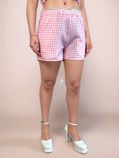 April Lace Trim Shorts In Pink Gingham