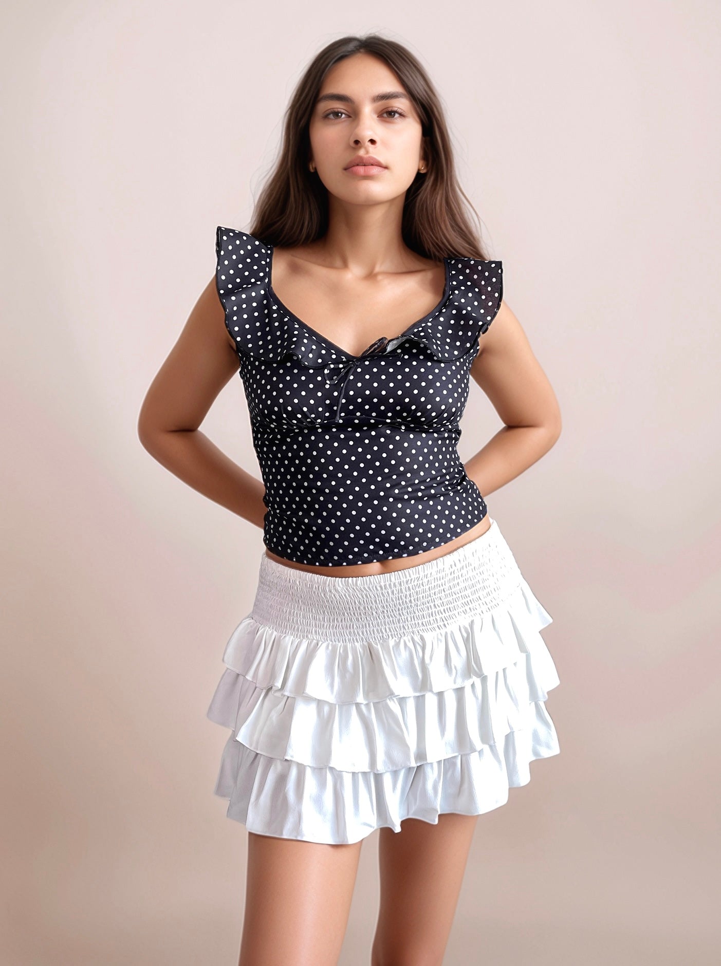 Mira Polka Dot Flounce Neck Top In Black