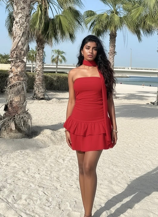 Marina Bandeau Dress With Scarf In Cherry Red