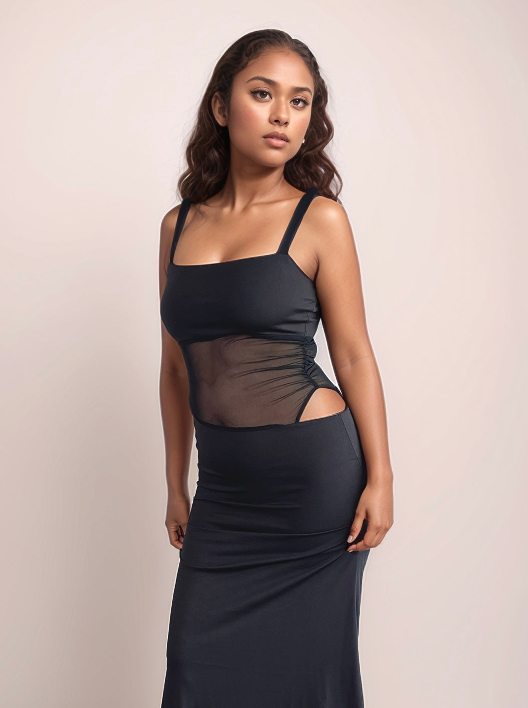 Selene Maxi Dress With Mesh Cutout In Black