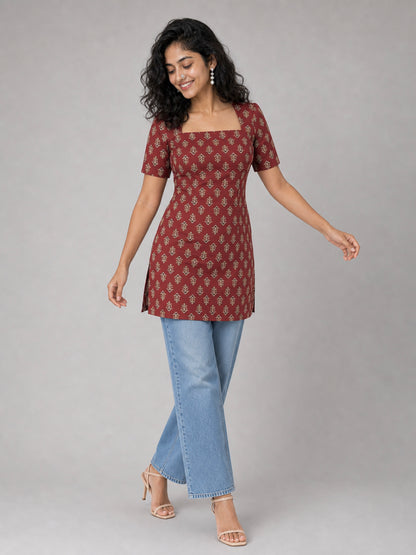 Kuhu Short Kurti With Corset Back In Chocolate