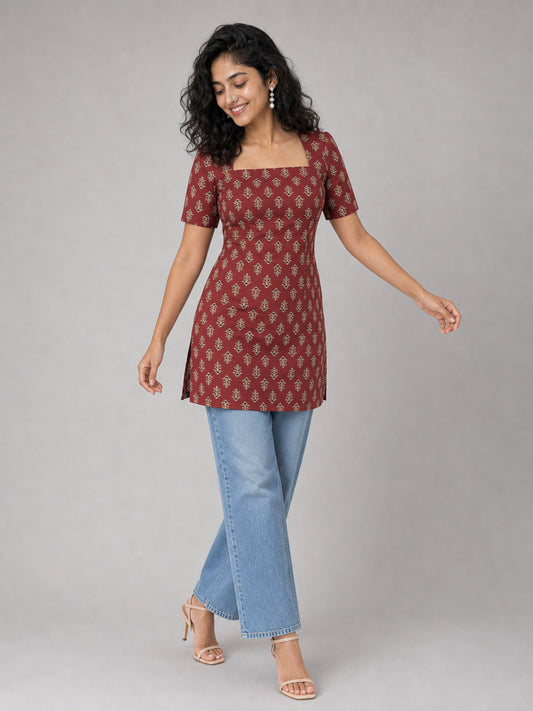 Kuhu Short Kurti With Corset Back In Chocolate