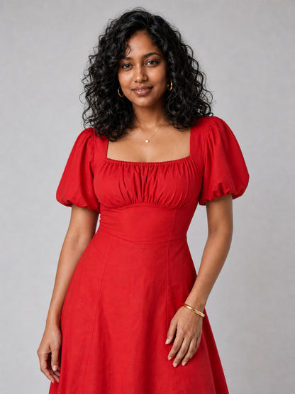 Tula Midi Dress With Basque Waist In Red