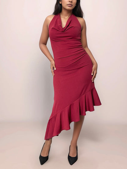 Mona Plunge Cowl Midi Dress In Deep Red