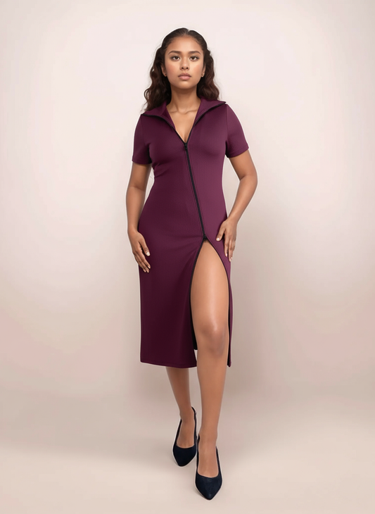 Toby Midi Rib Dress With 2 Way Zipper In Burgundy