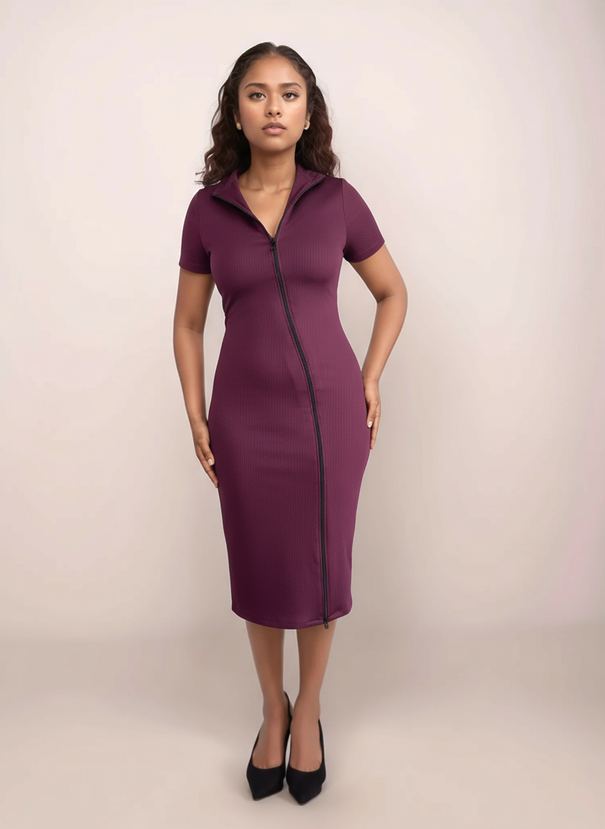 Toby Midi Rib Dress With 2 Way Zipper In Burgundy