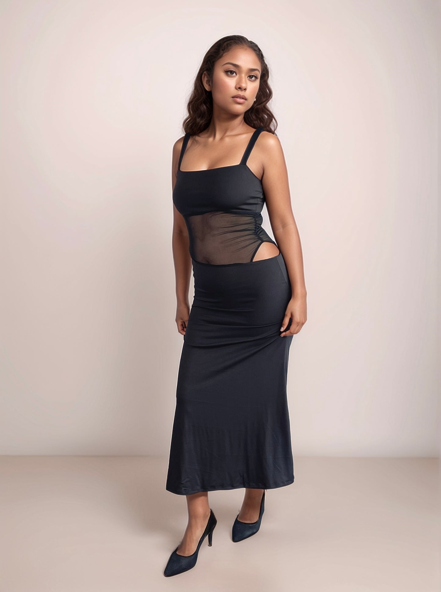 Selene Maxi Dress With Mesh Cutout In Black