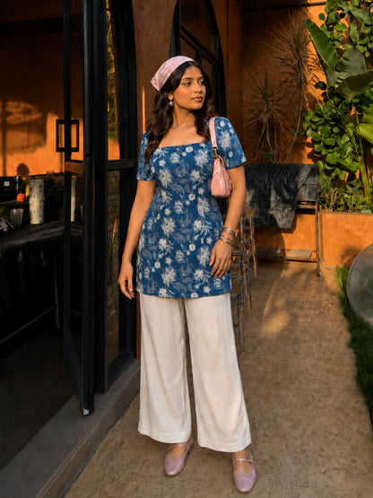 Kuhu Short Kurti With Corset Back In Indigo Dabu Block Print