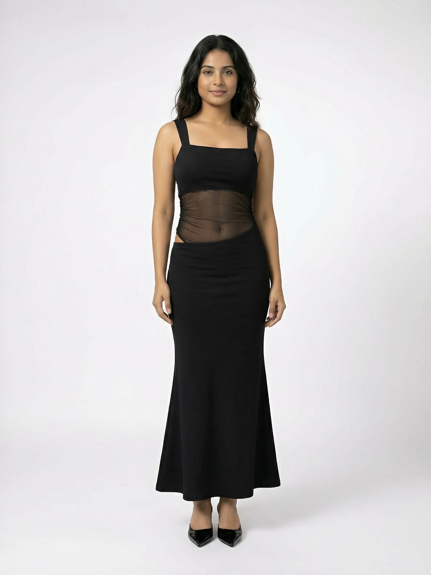Selene Maxi Dress With Mesh Cutout In Black