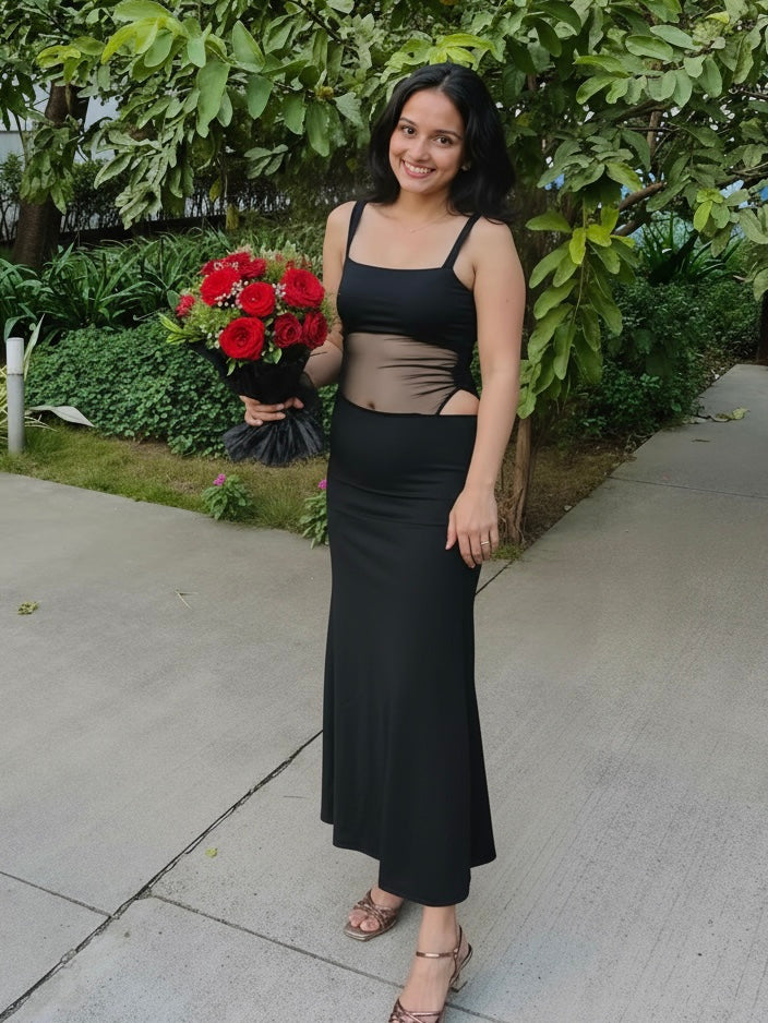 Selene Maxi Dress With Mesh Cutout In Black