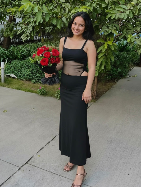 Selene Maxi Dress With Mesh Cutout In Black