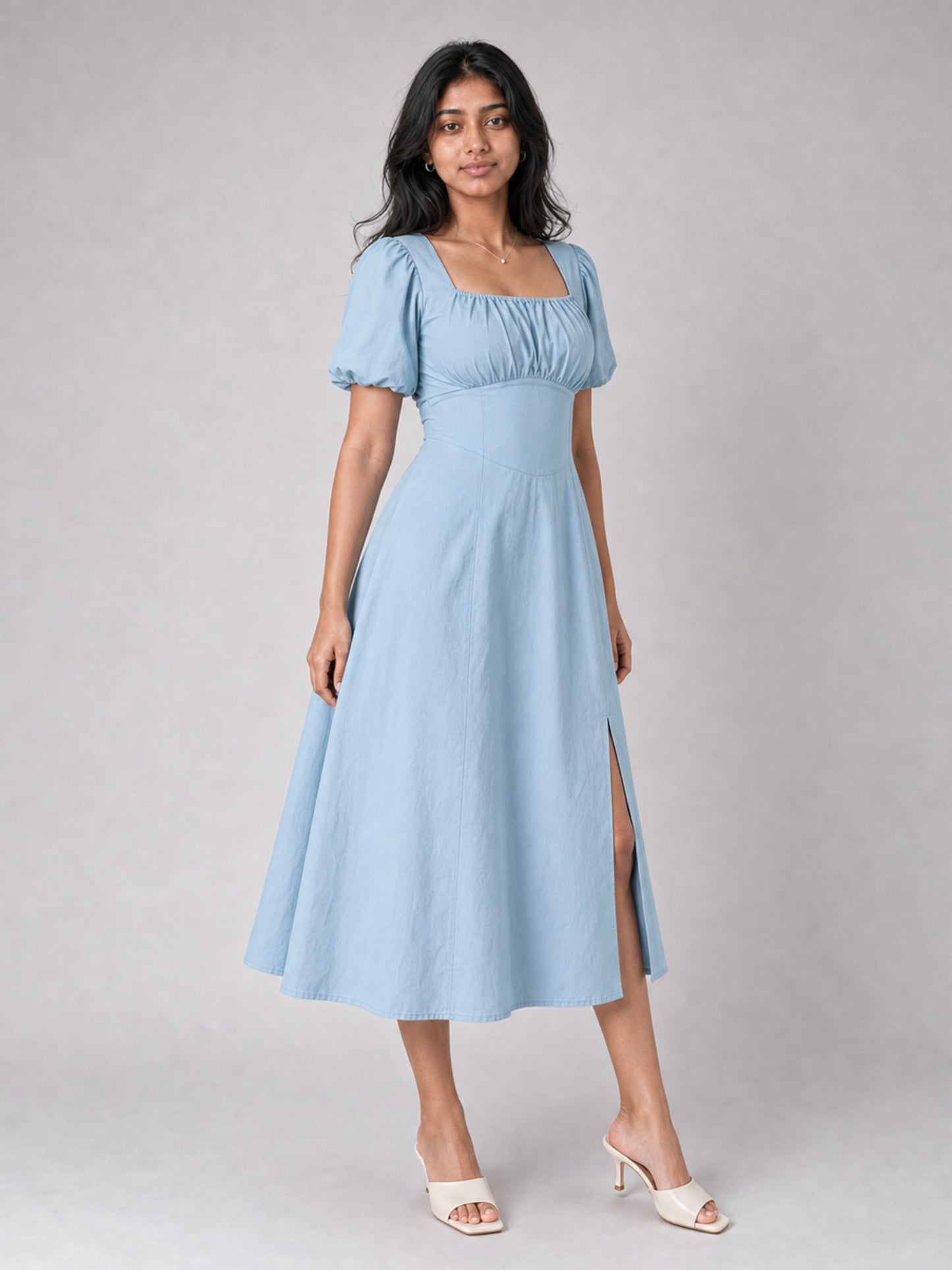 Tula Midi Dress With Basque Waist In Soft Blue