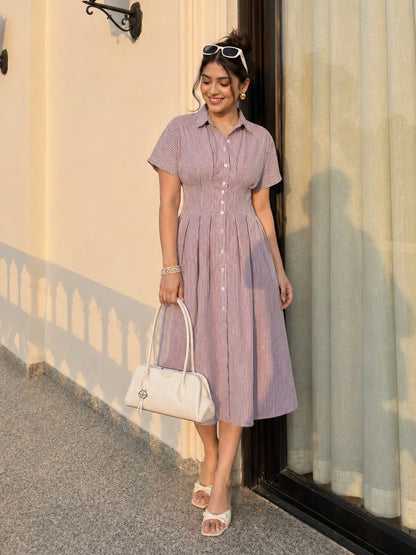 Kira Striped Shirt Dress In Wine