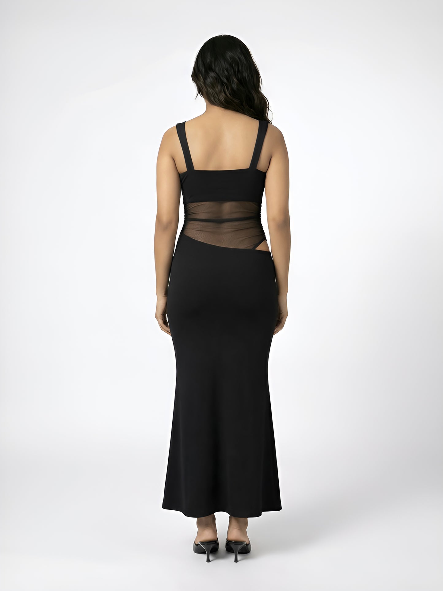 Selene Maxi Dress With Mesh Cutout In Black