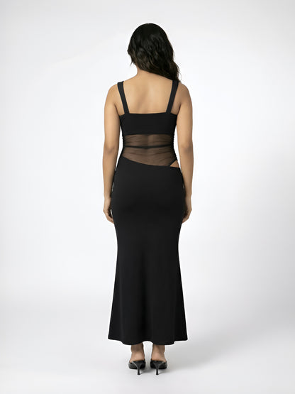 Selene Maxi Dress With Mesh Cutout In Black