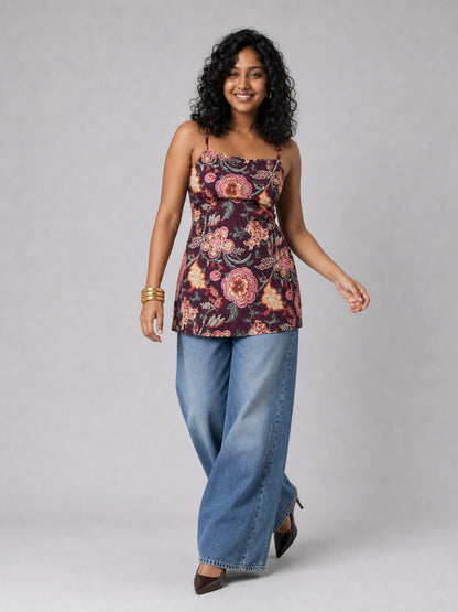 Raha Short Kurti With Corset Back In Purple Floral