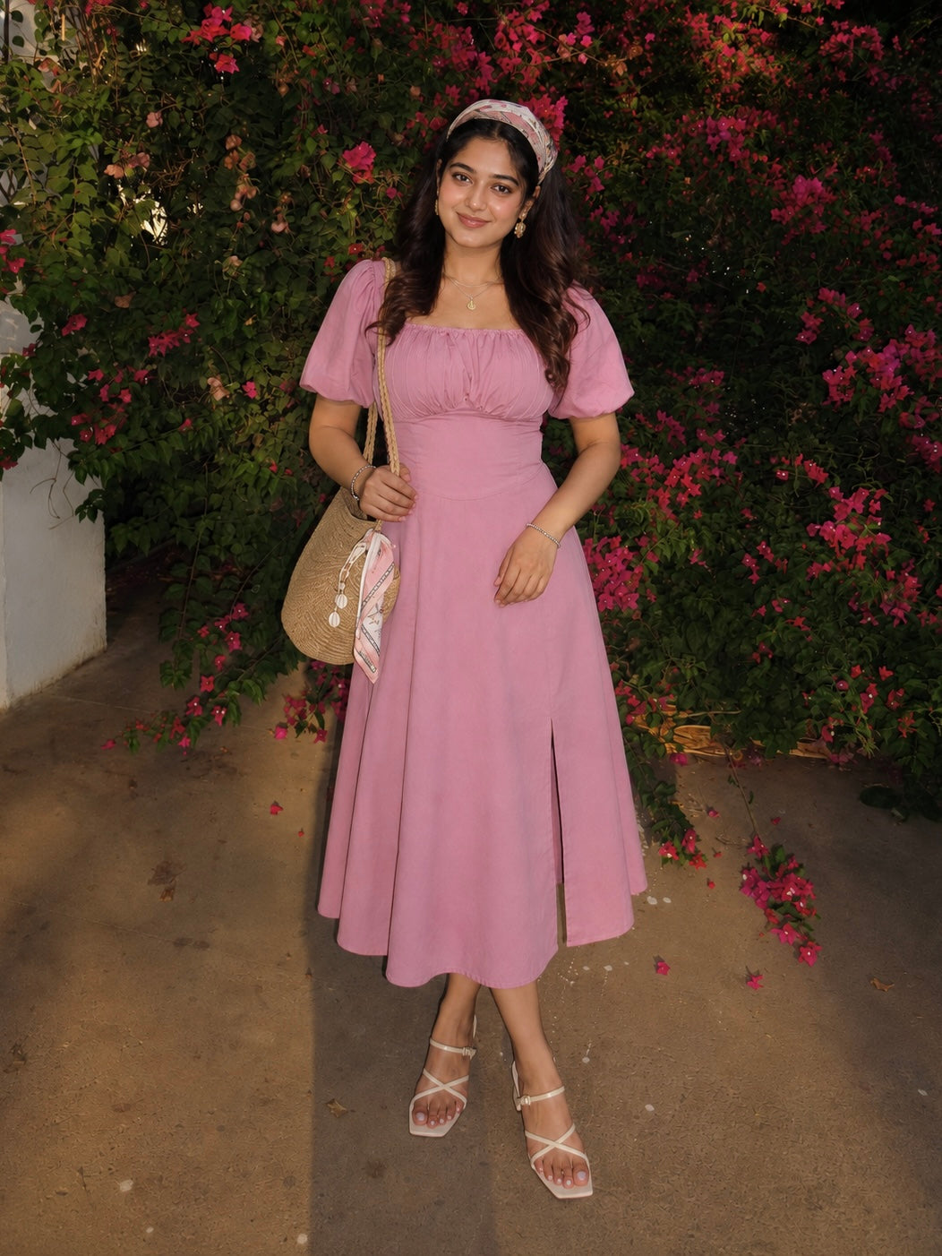 Tula Midi Dress With Basque Waist In Soft Pink