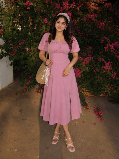 Tula Midi Dress With Basque Waist In Soft Pink