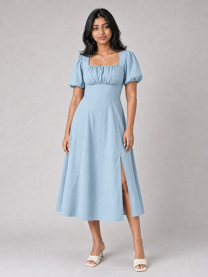 Tula Midi Dress With Basque Waist In Soft Blue