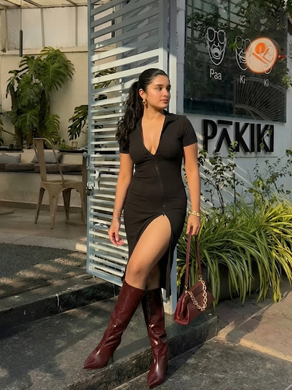 Toby Midi Rib Dress With 2 Way Zipper In Black