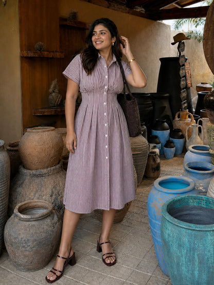 Kira Striped Shirt Dress In Wine