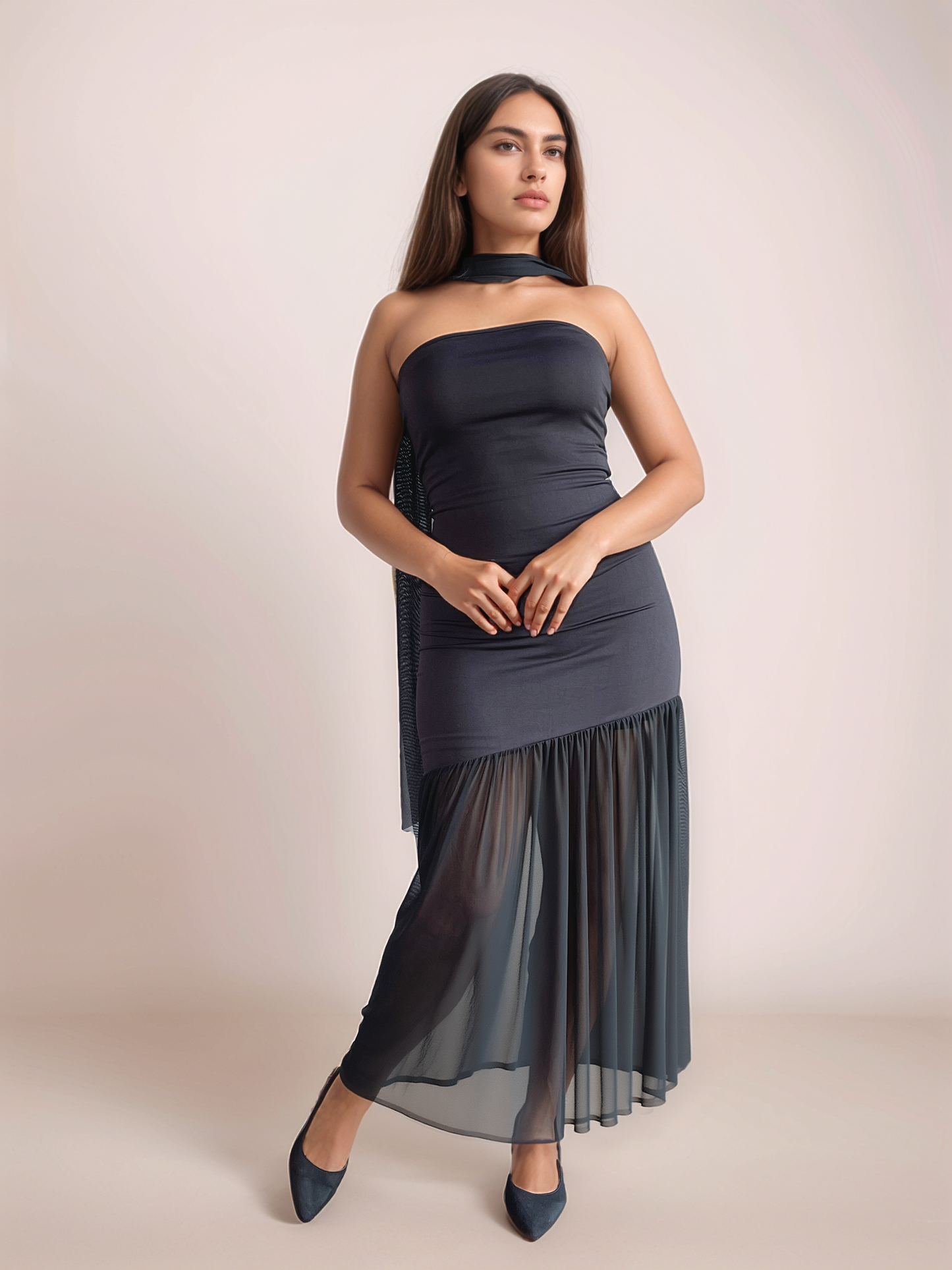 Sasha Bandeau Maxi Dress With Scarf In Black