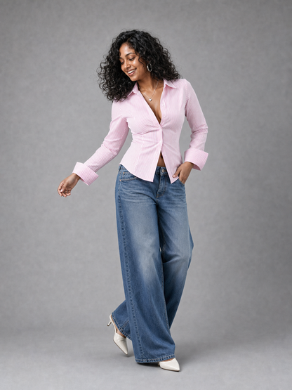 Elara Shirt With Corset Back In Pink Stripes