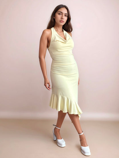 Mona Plunge Cowl Midi Dress In Butter Yellow