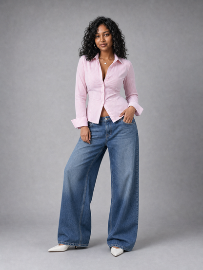 Elara Shirt With Corset Back In Pink Stripes