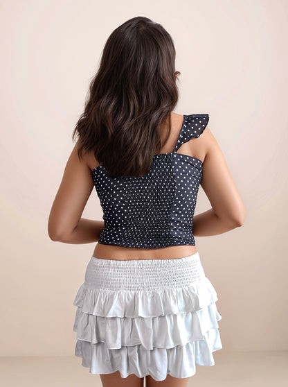 Mira Polka Dot Flounce Neck Top In Black