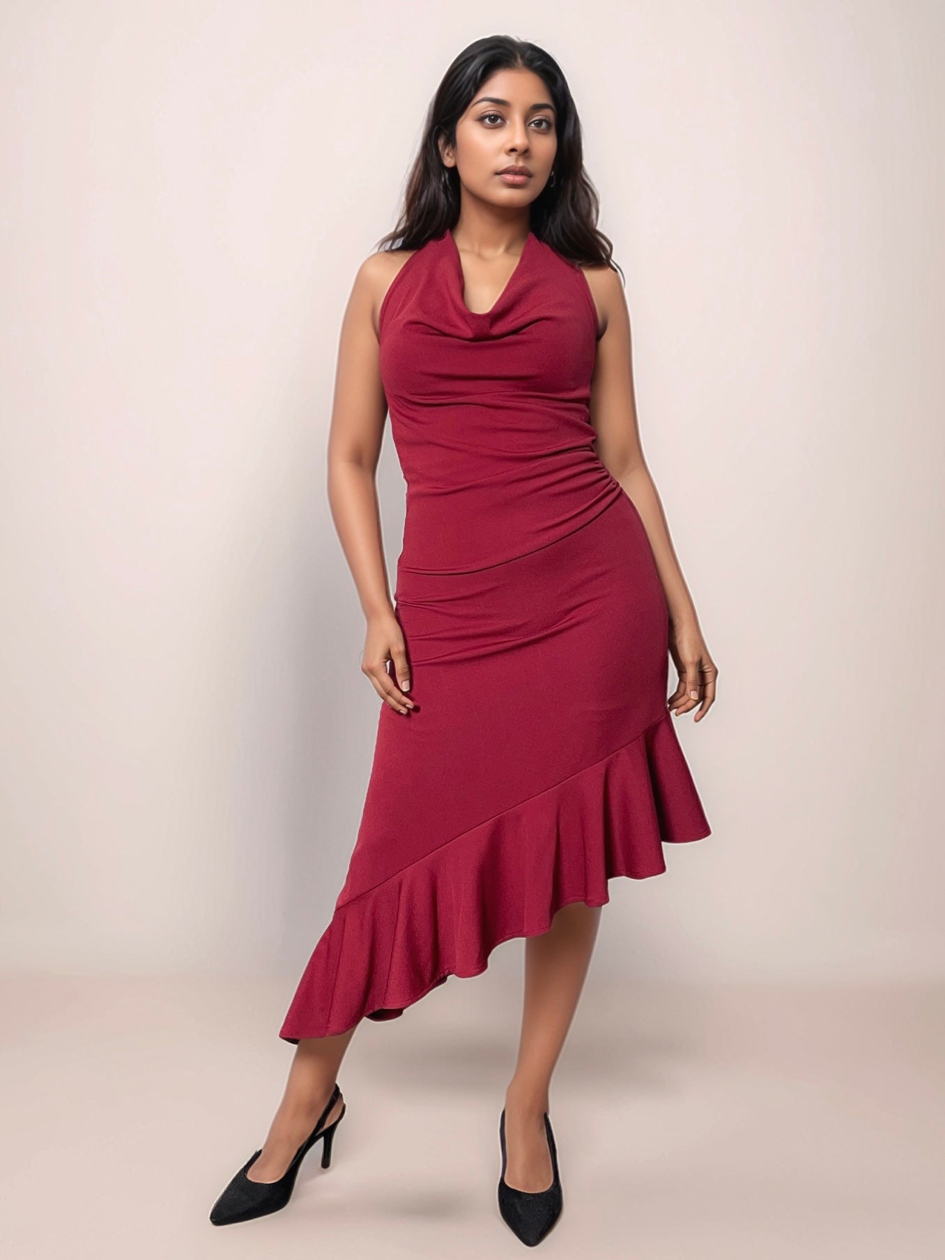 Mona Plunge Cowl Midi Dress In Deep Red