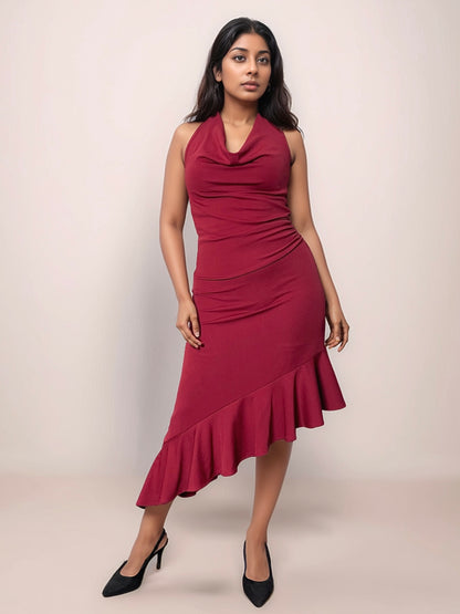 Mona Plunge Cowl Midi Dress In Deep Red