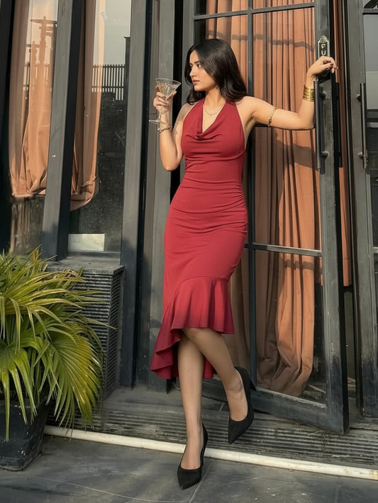 Mona Plunge Cowl Midi Dress In Deep Red