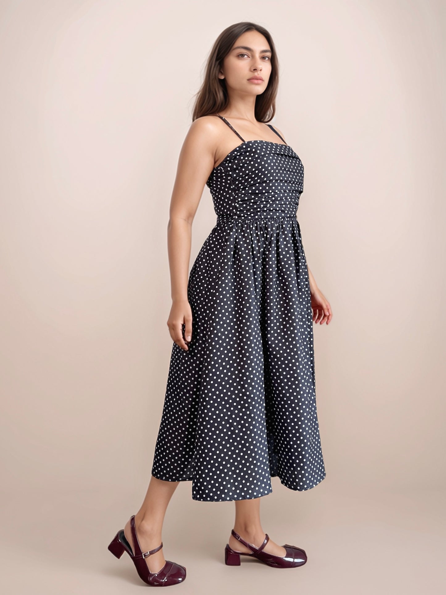 Rachel Polka Dot Dress With Gathers In Black